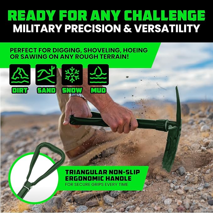 RHINO USA Folding Survival Shovel w/Pick - Heavy Duty Carbon Steel Military Style Entrenching Tool