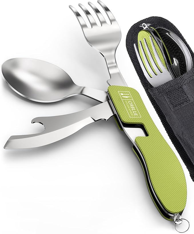 Orblue 4-in-1 Camping Eating Utensils, 2-Pack - Portable Spoon, Fork, Knife & Bottle Opener Combo