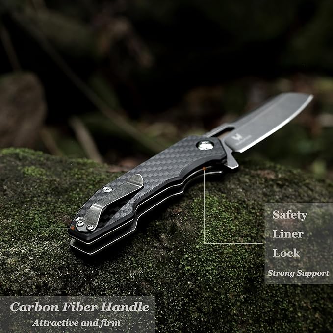 Folding Pocket Knife - 3.54'' CPM S35VN Black Steel Blade, Carbon Fiber Ergonomic Handle - Camping
