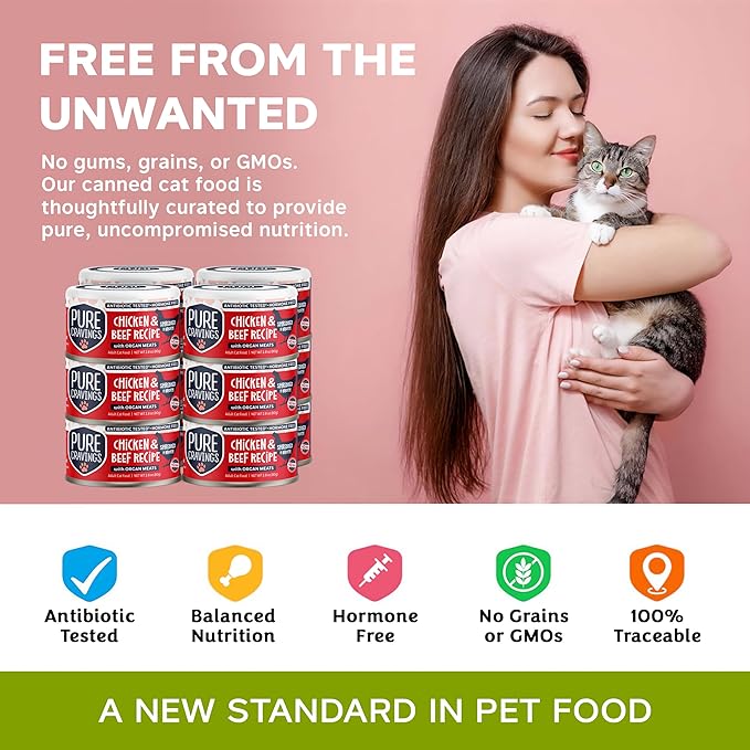 Pure Cravings Chicken and Beef Recipe in Broth, Shredded Wet Cat Food, Grain-Free Protein, Non-GMO