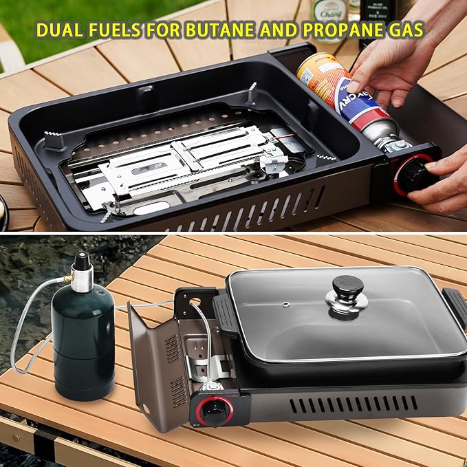 ONLYFIRE Butane Stove with Grill Pan, Portable Stove with Small Griddle & Lid, Camping Stove