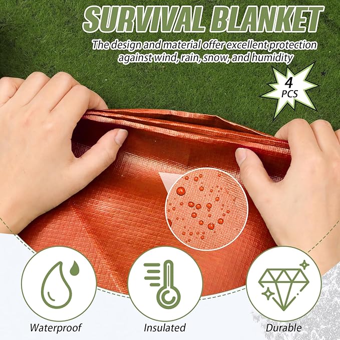 Kanayu 4 Pcs Emergency Thermal Survival Blankets 82 x 60 Inch,Heavy Duty Emergency Poncho Tarp