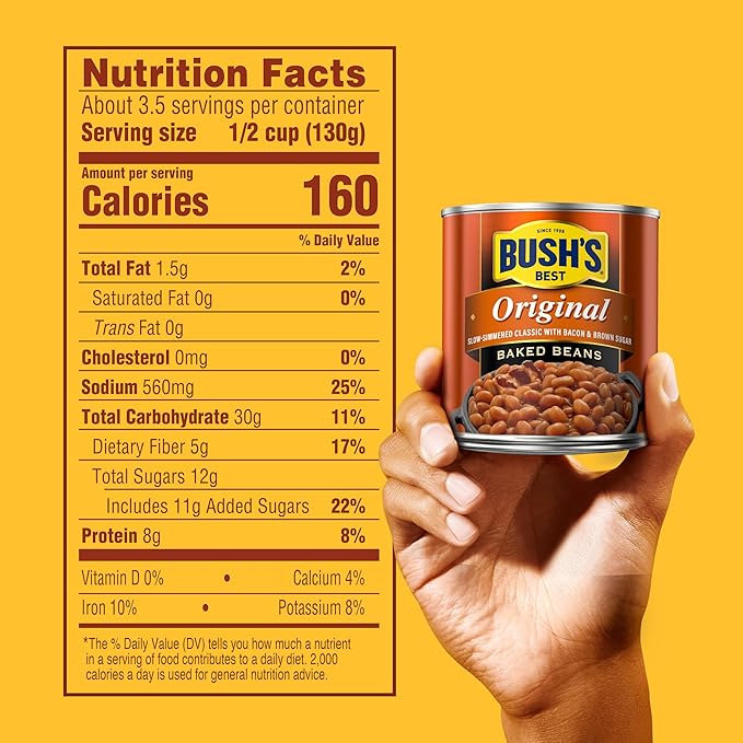 BUSH'S BEST 16 oz Canned Original Baked Beans, Source of Plant Based Protein and Fiber, Low Fat