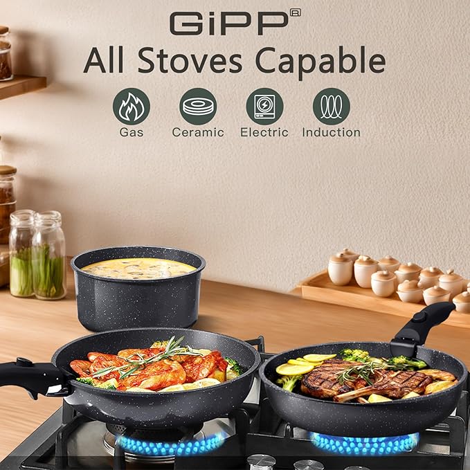 GiPP Ceramic Non Stick Pots and Pans Set,Nonstick Detachable Handle Cookware Sets,Healthy Non Toxic