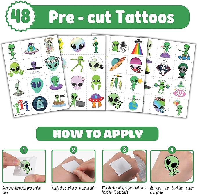 72 PCS Alien Party Favors 48 Tattoos Sticker and 24 Slap Bracelets Wristbands Perfect for Space