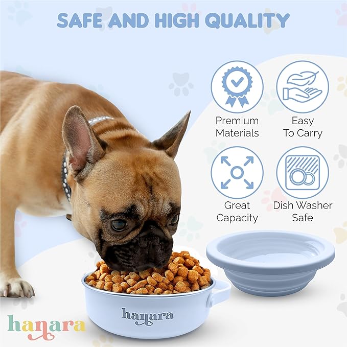 HANARA 2-in-1 Insulated Dog Bowl with Collapsible Lid & Handle ??Stainless Steel, Non-Slip Rubber