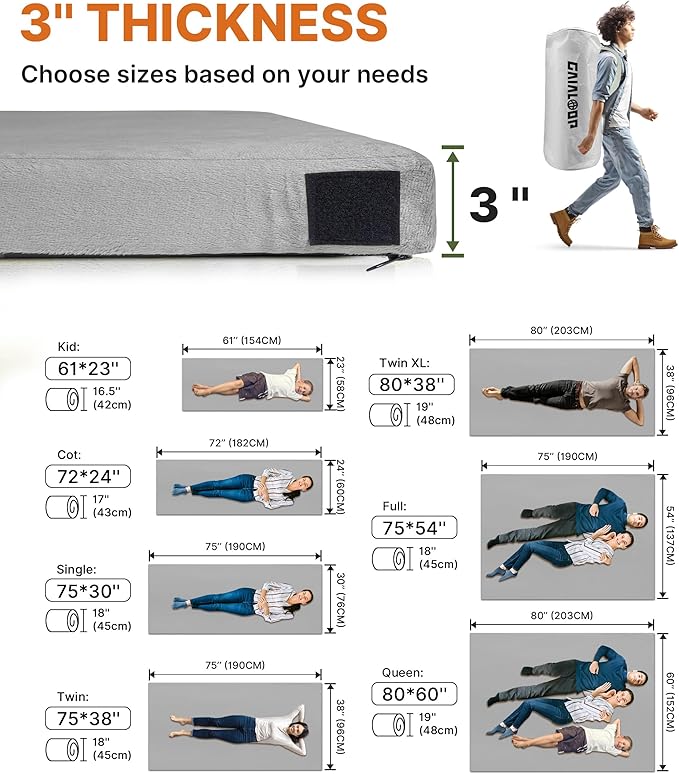 3 Inch GAIALOOP Thick Memory Foam Camping Mattress Sleeping Pad [Car/Tent/Cot] Glamping Portable