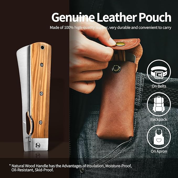 Folding Chef Knife with Leather Pouch 4.8” Sharp 440A Stainless Steel Blade Olive Handle Pocket