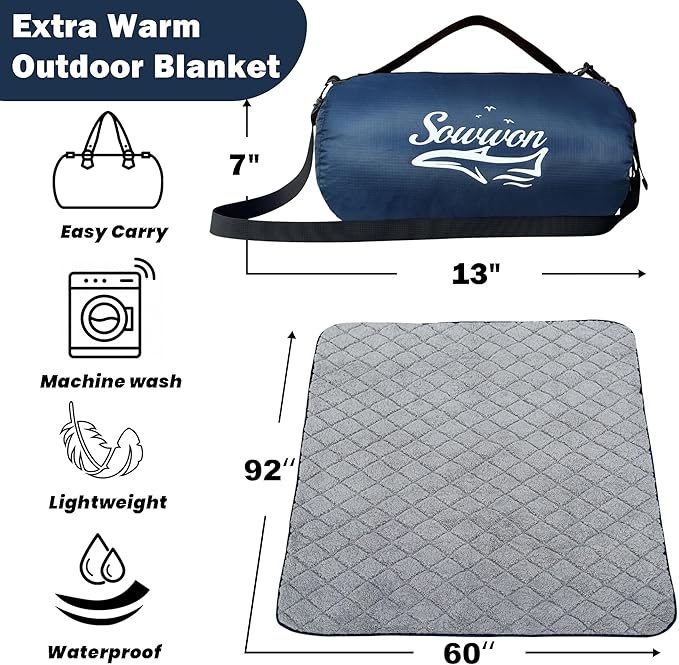 Waterproof Outdoor Blanket 92”X 60” Packable, Stadium Blankets for Camping with Sherpa Fleece