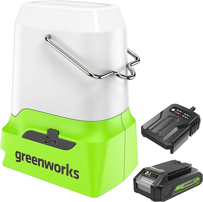 Greenworks 24V Lantern Cordless 500lm Camping Light Kit with USB-A and USB-C Port, 2Ah Battery and