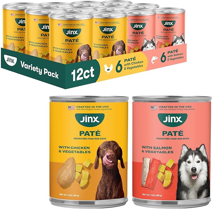 Jinx Premium Wet Dog Food Cans, Variety Pack - Salmon & Chicken Pate - Grain-Free Canned Dog Food