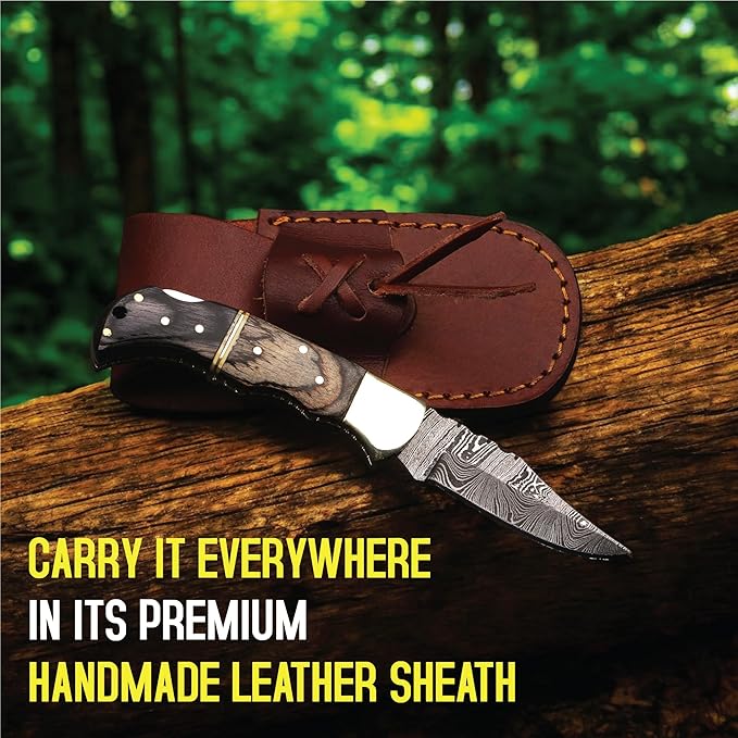 6.5 inch Damascus Pocket Knife with Sheath, Handmade Folding Pocket Knife for Men, Black-Red Wooden
