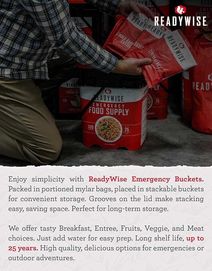 ReadyWise Emergency Food Supply - 104 Servings Variety Pack Bucket, Protein Meals, Dehydrated &