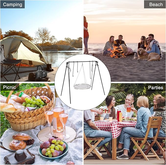 REDCAMP Swing Campfire Grill Stand - Collapsible Campfire Cooking Rack with 6 Hooks & Stainless