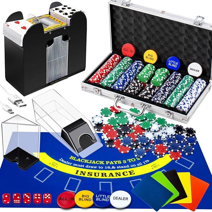 Aoriher Blackjack Casino Game Set, Include 300 Poker Chips, Casino Felt 1 Automatic Card Shuffler 6