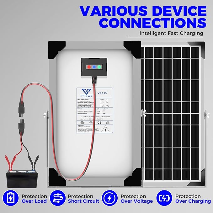 Solar Battery Trickle Charger: 10 Watt 12V Solar Panel Maintainer for Car Boat - Waterproof