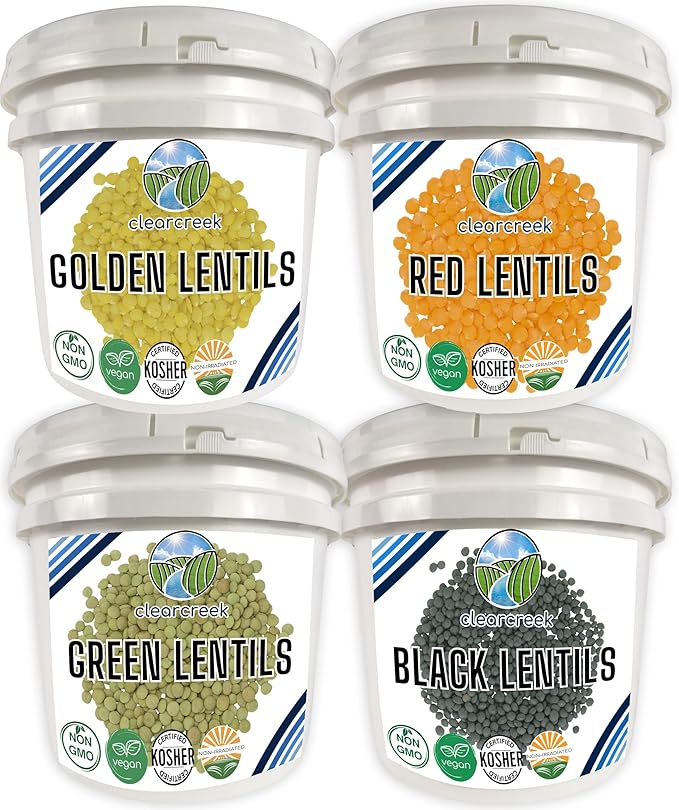 Clear Creek 100 LB Lentil Bundle: Beluga Lentils, Gold Lentils, Green Lentils, Red Lentils in 25 LB