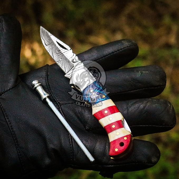 Damascus Steel Pocket Knife with Clip and Leather Sheath - EDC Knife for Outdoor and Camping