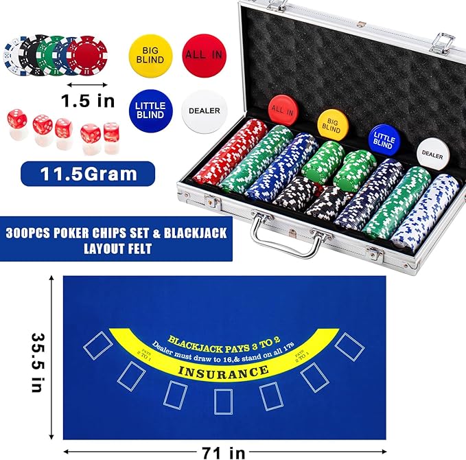Aoriher Blackjack Casino Game Set, Include 300 Poker Chips, Casino Felt 1 Automatic Card Shuffler 6