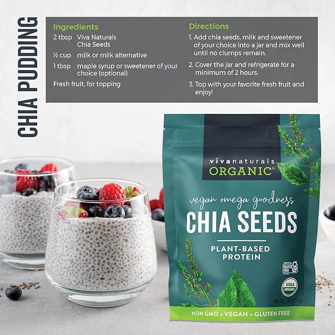 Viva Naturals Organic Chia Seeds, 2 lb (907 g) – Plant-Based Omega-3 and Vegan Protein, Gluten Free