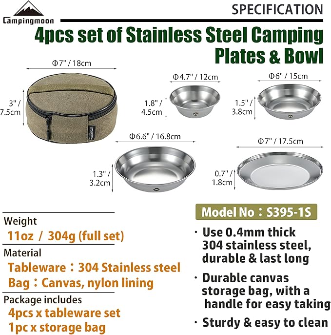 CAMPINGMOON Camping Mess Kit 4 Pack Tableware with Plates Bowls Dishes Stainless Steel Dishwasher