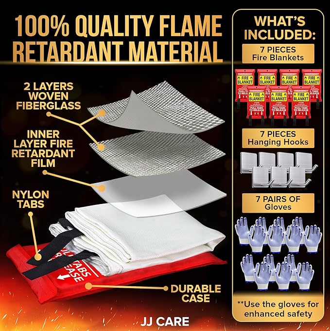 JJ CARE Fire Blanket ??7 Packs with Hooks and Gloves ??40??x 40??Fire Blankets Emergency for Home
