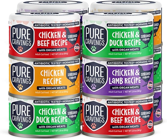 Pure Cravings Chicken Recipe in Broth, Shredded Wet Cat Food, Variety Flavor Pack: Chicken, Lamb