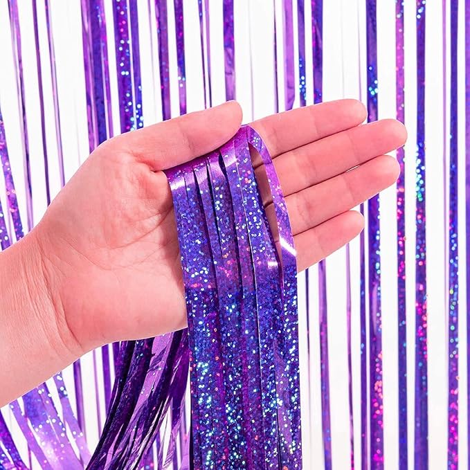 BRAVESHINE Purple Tinsel Foil Fringe Curtains - 2Pcs 3.2x8.2ft Metallic Holidays Photo Backdrop for