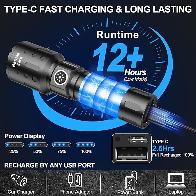 Banral Flashlights High Lumens Rechargeable, Super Bright LED Small Powerful Flashlight with Memory