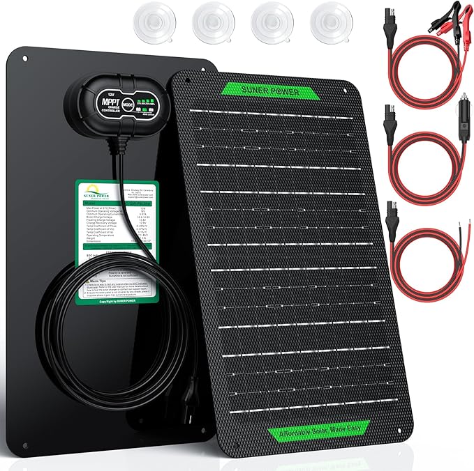 SUNER POWER Waterproof 12W 12V Solar Battery Charger & Maintainer PRO, Built-in UltraSmart MPPT