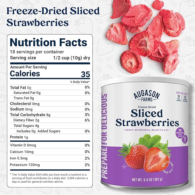 Augason Farms Freeze Dried Sliced Strawberries Can - Gluten Free Snack for Baking, Smoothies, and