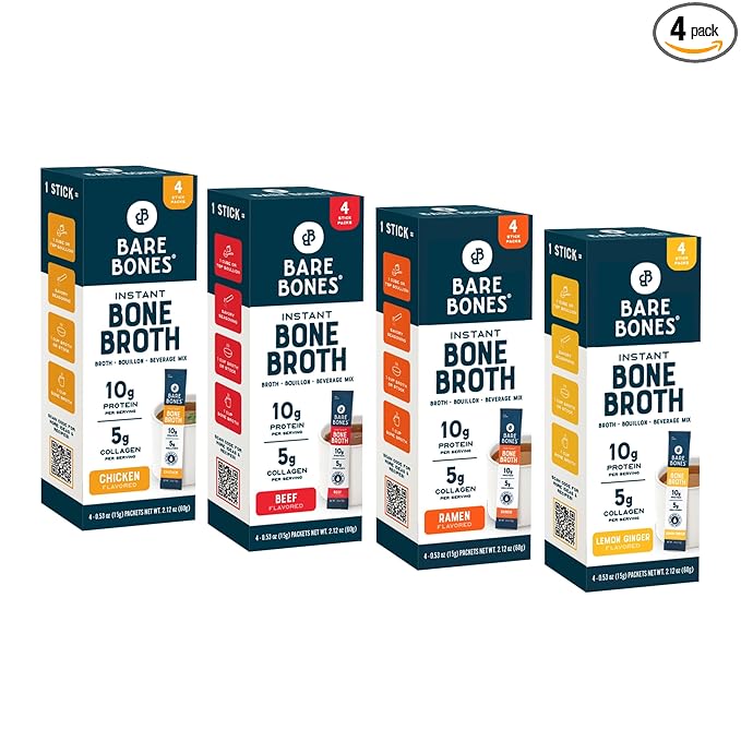 Bare Bones Bone Broth Instant Powdered Mix | 4 Beef 4 Chicken 4 Ramen 4 Lemon Ginger | Non-GMO