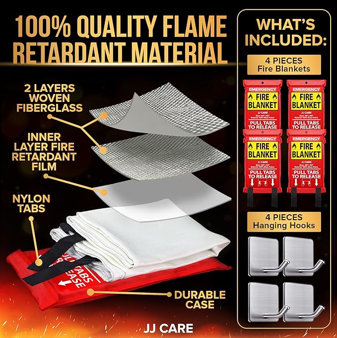 JJ CARE Fire Blanket ??4 Packs with Hooks ??Emergency Fire Blanket for Home & Kitchen, High Heat