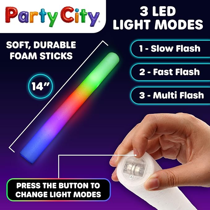 Party City 48pk LED Foam Glow Sticks 14?? Glow in the Dark Party Supplies Favors, Colorful Flashing