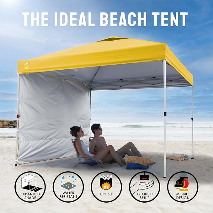 CROWN SHADES 10x10 Pop Up Canopy with 1 Side Wall - Beach Tent with One Push Setup - Outdoor Sun