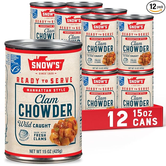 Snow's Manhattan Clam Chowder, 15 oz Can (Pack of 12) - 11g Protein per Serving - Ready-to-Serve
