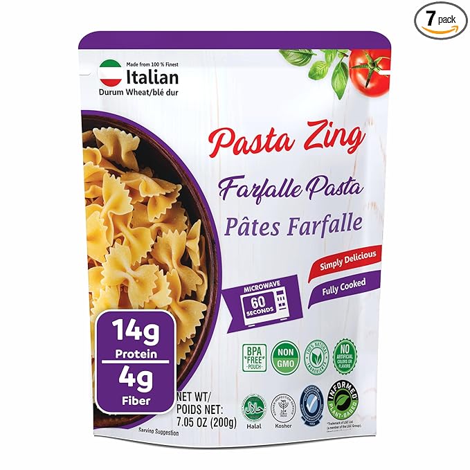 Pasta Zing Farfalle Pasta – Fully Cooked Bow Tie Pasta, Microwave Ready in 60 Seconds, Made with