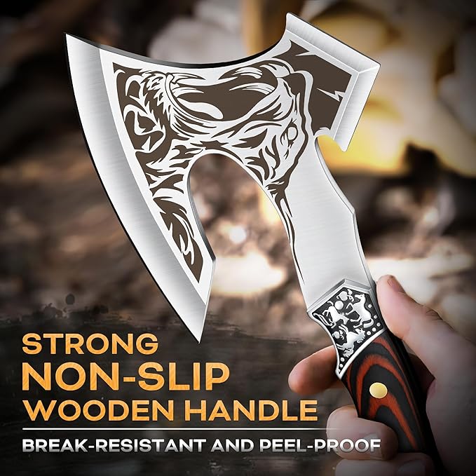 TIVOLI Camping Axe, Tiger - Patterned Survival Hatchet with Nylon Sheath, High Carbon Steel Blade
