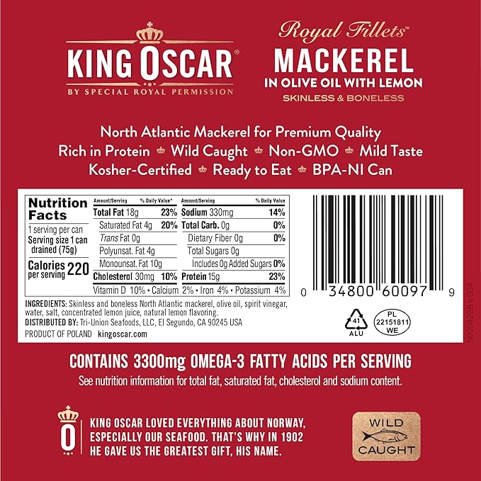 King Oscar Skinless & Boneless Mackerel Variety Pack, 4.05 Ounce Cans (Pack of 6), Skinless & Boneless, Wild Caught Canned Mackerel