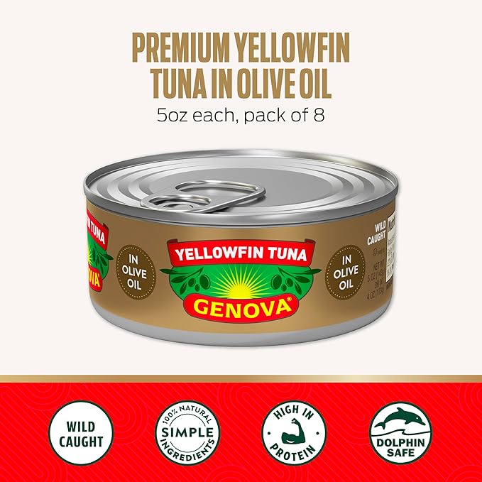 Genova Premium Yellowfin Tuna in Olive Oil, 5 Ounce Cans, 24-Pack ??Nutrient Rich, High Protein