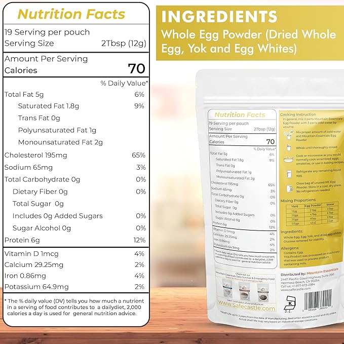 MOUNTAIN ESSENTIALS Whole Egg Crystals Pasteurized Dried Egg Powder 8 Oz Pure Natural Nutrient-Rich