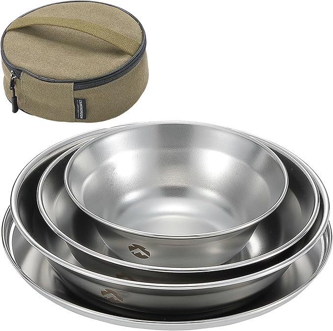 CAMPINGMOON Camping Mess Kit 4 Pack Tableware with Plates Bowls Dishes Stainless Steel Dishwasher