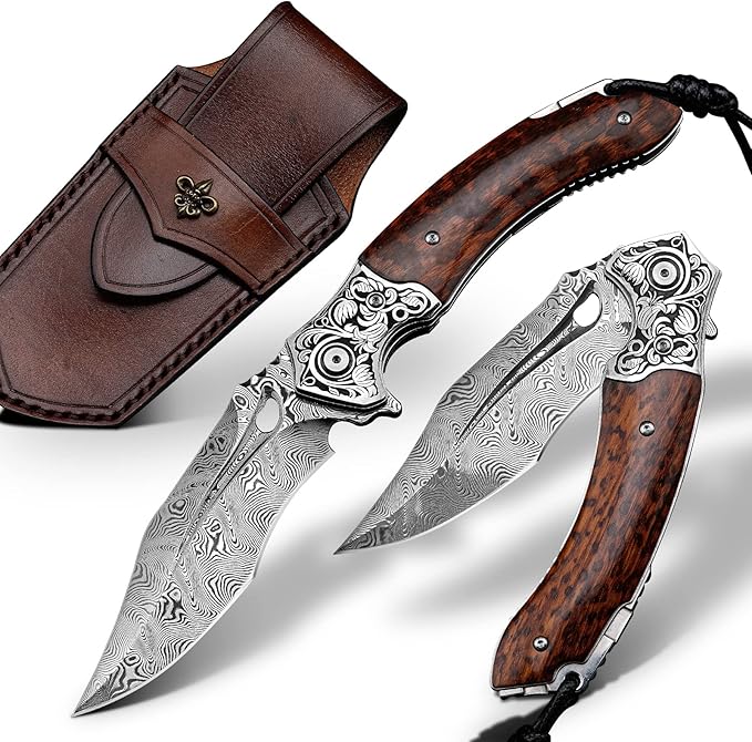 Japanese VG 10 Damascus Steel Folding Knife, Outdoor Wilderness Survival Pocket Knife, Snake Wood