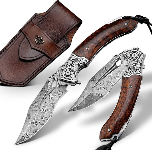 Japanese VG 10 Damascus Steel Folding Knife, Outdoor Wilderness Survival Pocket Knife, Snake Wood