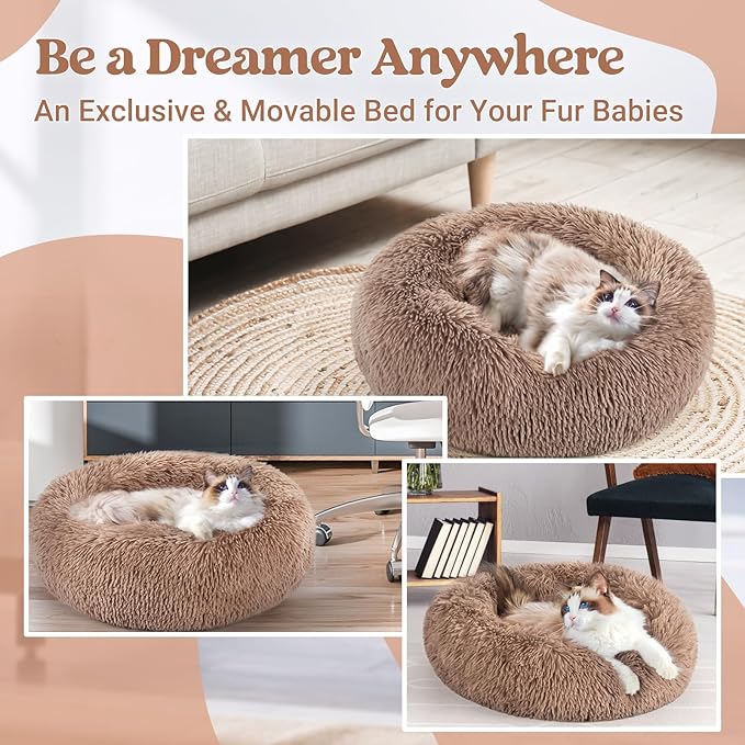 rabbitgoo Cat Beds for Indoor, 20 inches Machine Washable, Fluffy Round Pet Bed Non-Slip, Calming