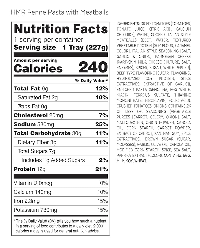 HMR Penne Pasta with Meatballs Entrée | Pre-packaged Lunch or Dinner to Support Healthy Eating |