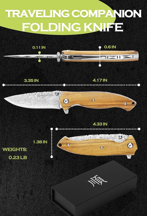 YOUSUNLONG Folding Knife Overall 191mm Pocket Knife - Hammered Damascus Steel Blade - Natural