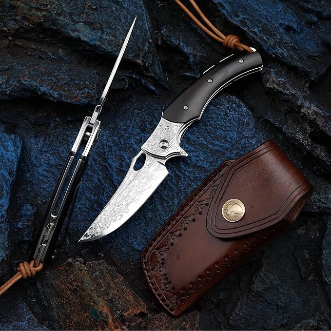 3.5 inch Japanese VG10 Damascus Steel Outdoor Folding Knife with Black Wood Handle, Lined Lock, EDC