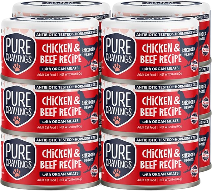 Pure Cravings Chicken and Beef Recipe in Broth, Shredded Wet Cat Food, Grain-Free Protein, Non-GMO