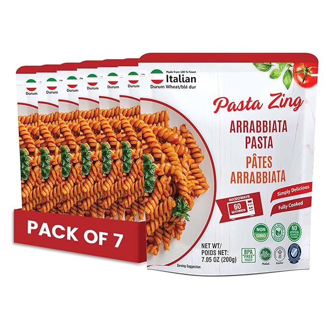 Pasta Zing Microwavable Arrabbiata Pasta, Pack of 7, 7.05 Ounce | Ready To Eat in 60 Sec | Made